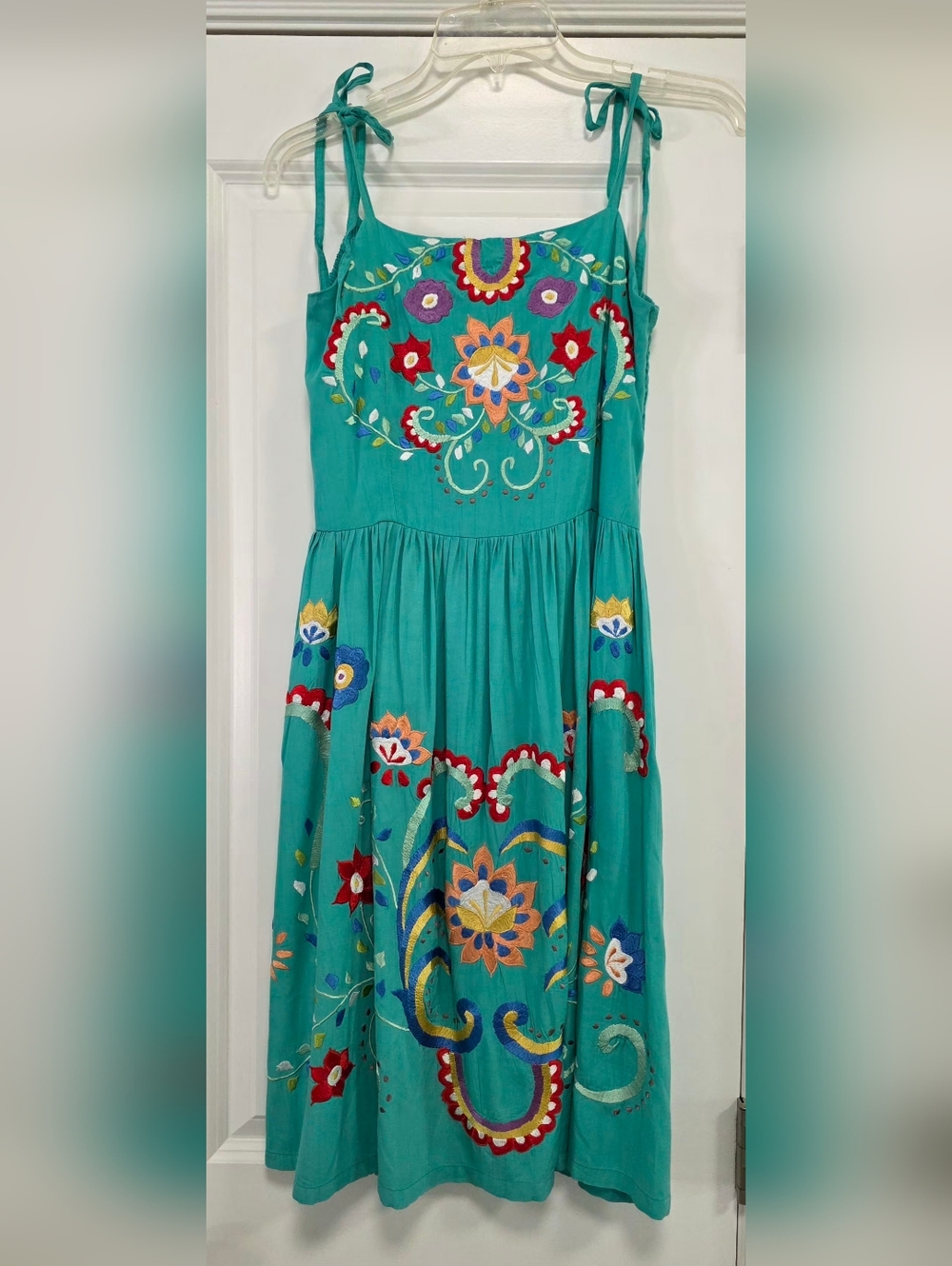Vintage 1990's Hibis Turquoise Floral Embroidered Tie-Shoulder Boho Sundress